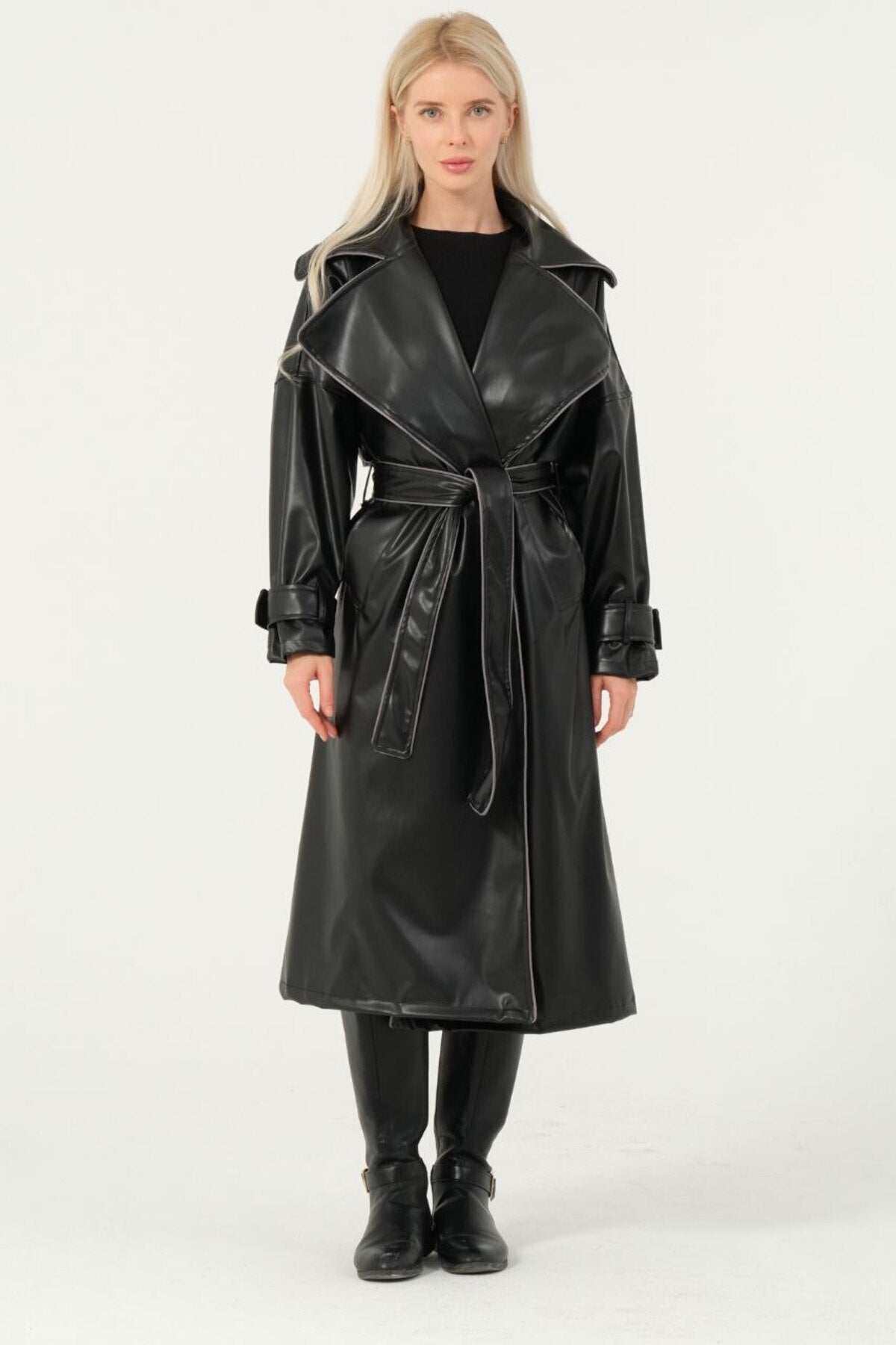 Kadın Siyah Deri Trençkot