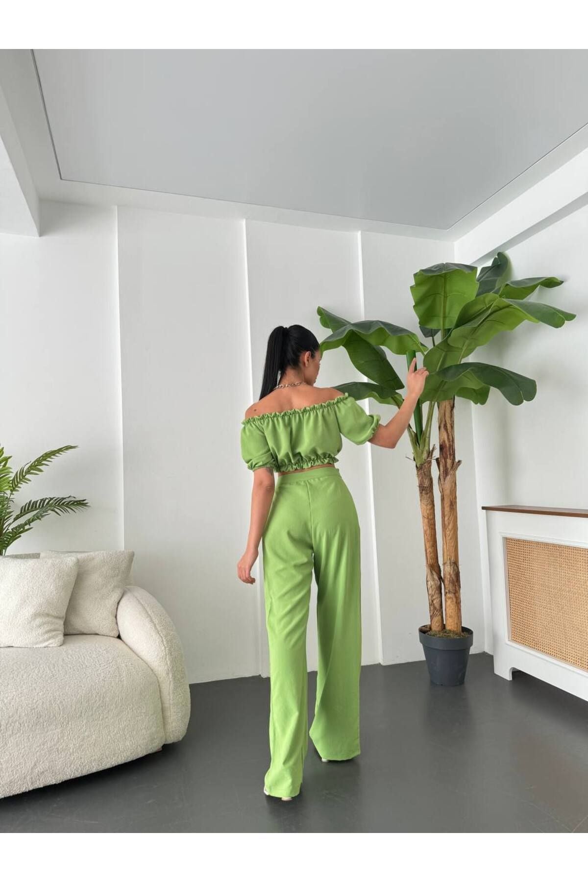 Keten Crop Pantolon Takım