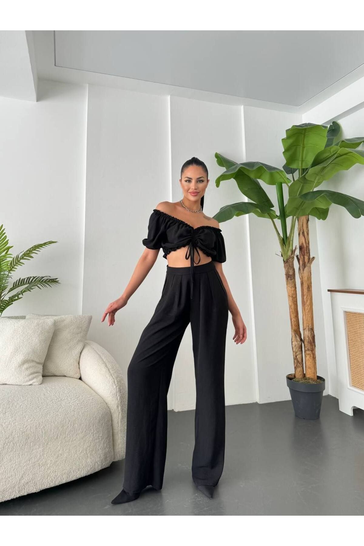 Keten Crop Pantolon Takım
