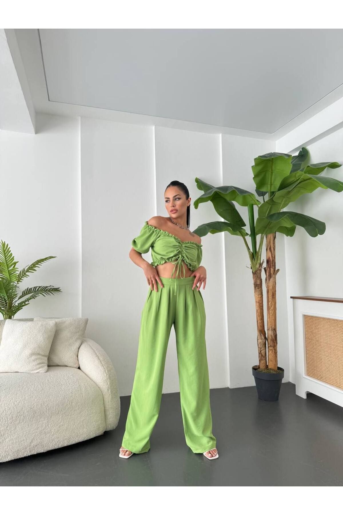 Keten Crop Pantolon Takım