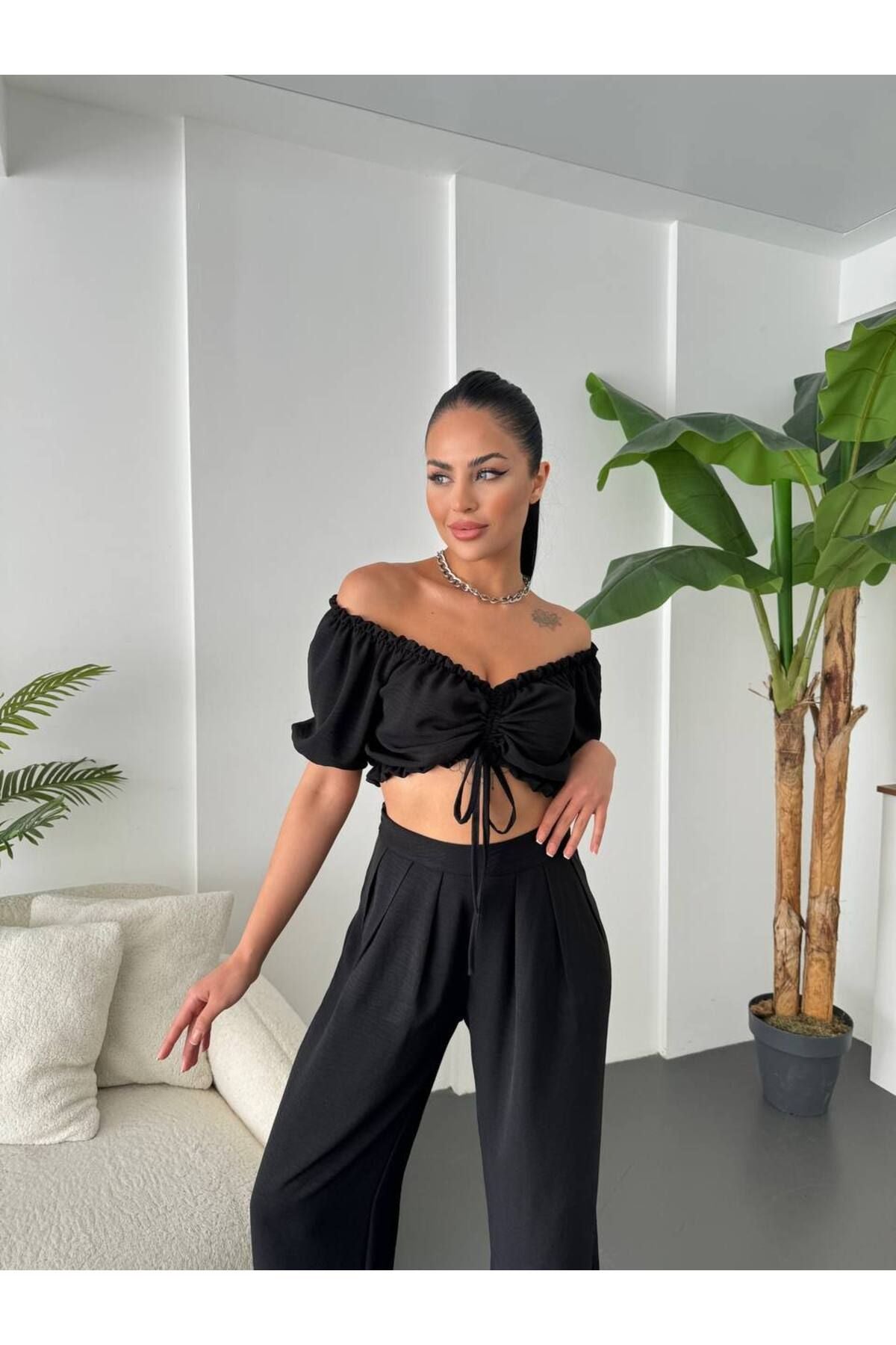 Keten Crop Pantolon Takım