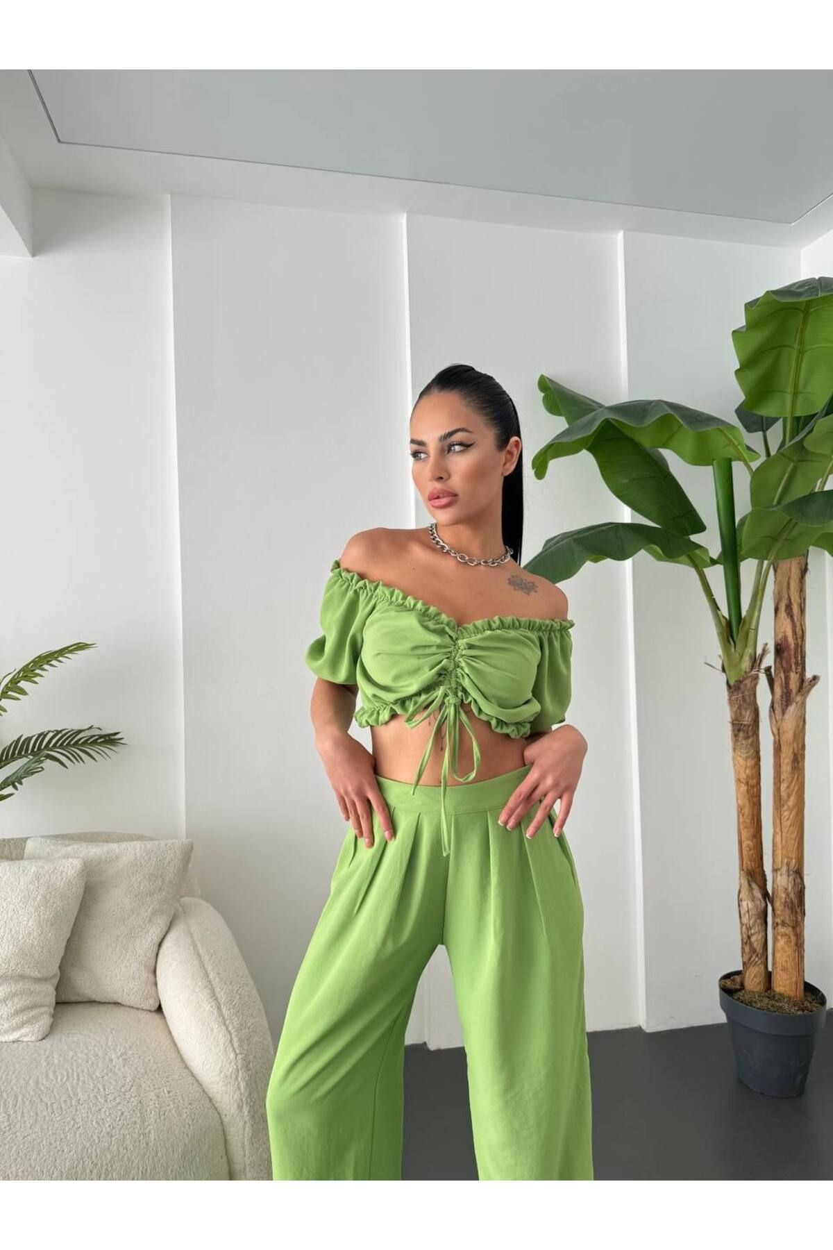 Keten Crop Pantolon Takım